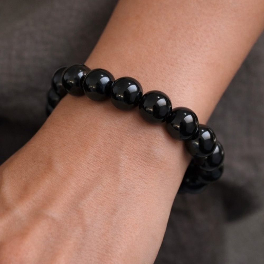 Sleek Black Stone Bracelet – Minimalist 10mm Onyx Beads Stretch Large #583